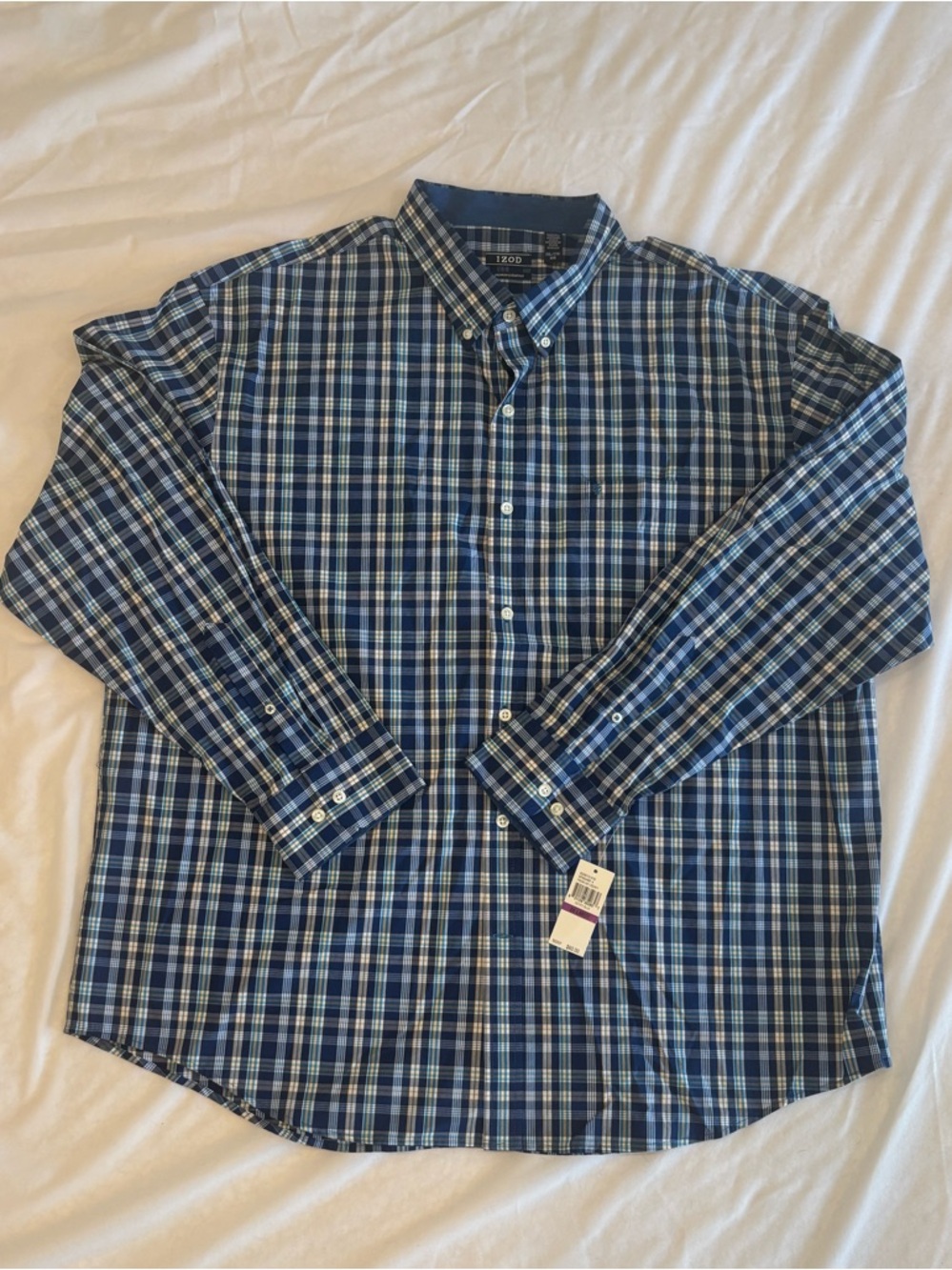IZOD Mens 2XL Blue Plaid Button Down Dress Shirt NWT Estate Blue $60